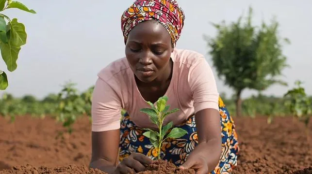 Agricultrice plantant une jeune pousse