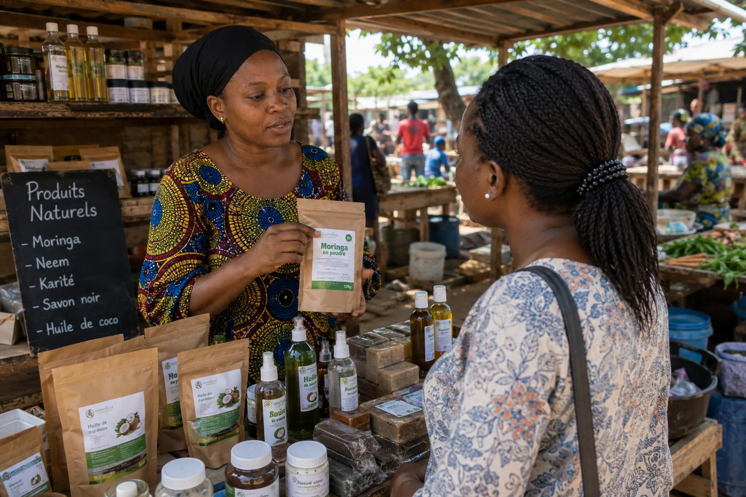 Entrepreneure présentant des produits locaux à une cliente